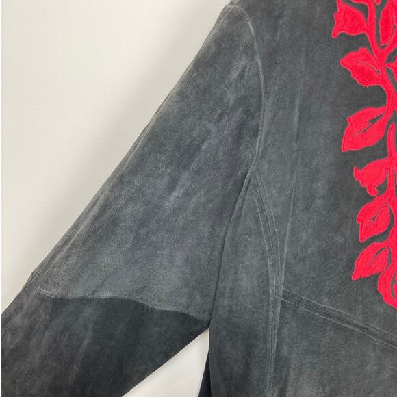 Womens Suede Jacket Black Red Floral Medium Linea by Louis Dell’Olio - Picture 6 of 12